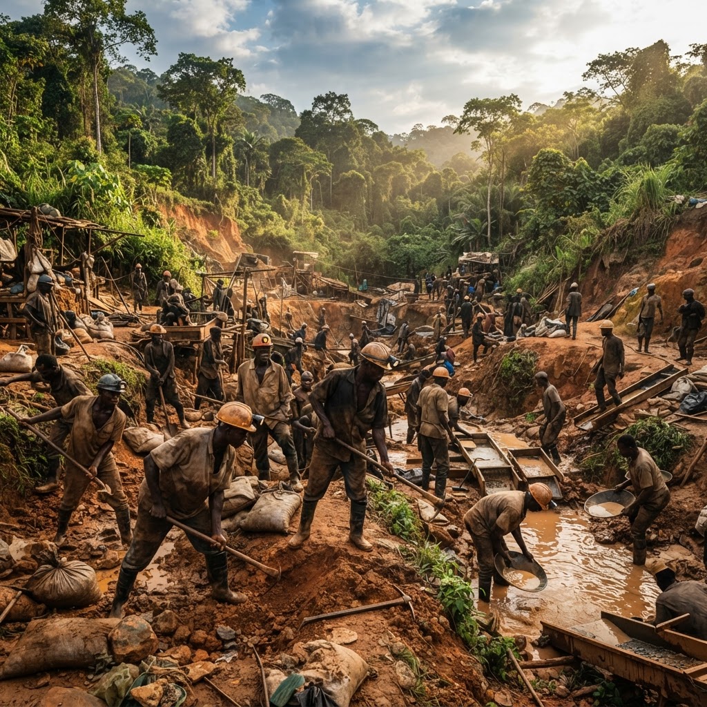 Local artisanal gold miners working in Mongbwalu, Democratic Republic of Congo — authentic DRC mining community in Ituri Province producing ethical gold